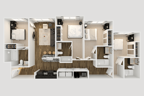a 3d floor plan of a bedroom with a bathroom and a living room